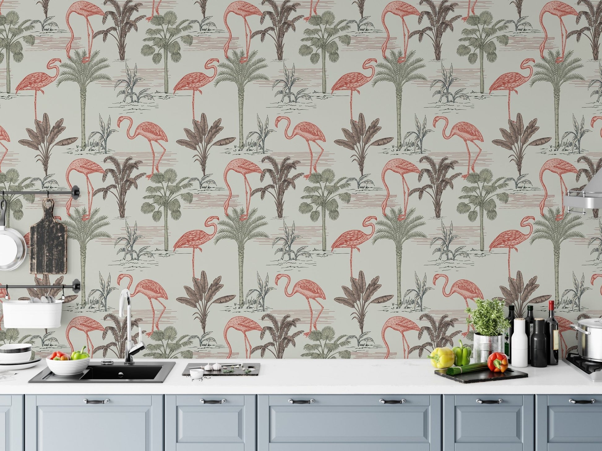 Elegant tropical wallpaper with flamingos and floral accents