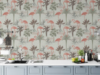 Elegant tropical wallpaper with flamingos and floral accents