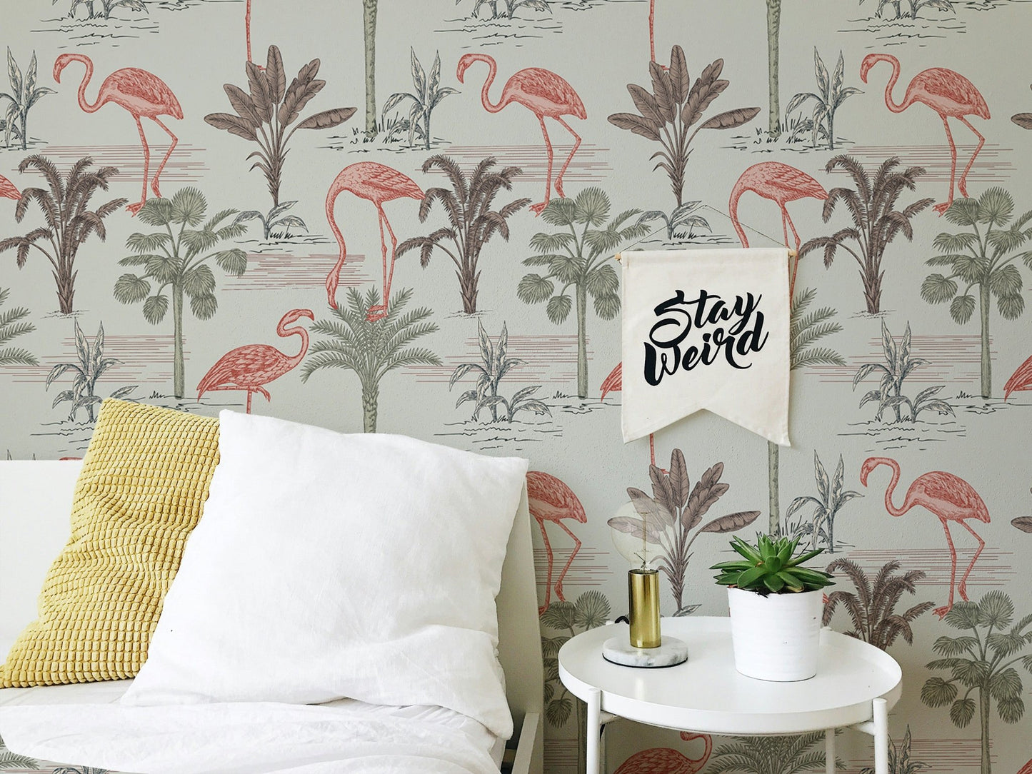 Pink flamingo wallpaper featuring floral and tropical designs