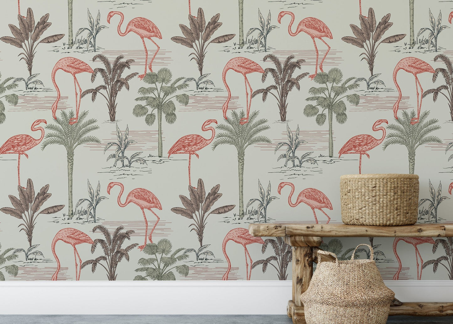 Tropical floral wallpaper with pink flamingos and palms