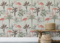 Tropical floral wallpaper with pink flamingos and palms