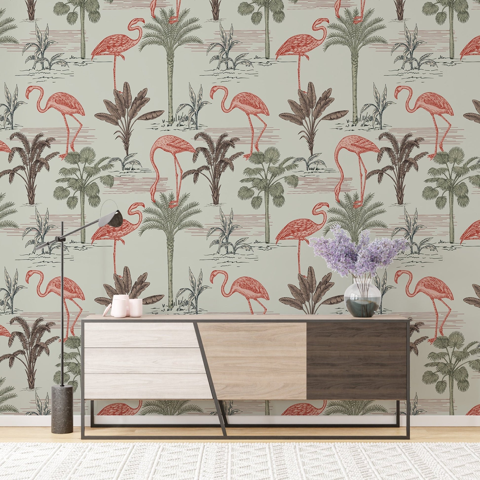 Floral and palm tree wallpaper with pink flamingo designs