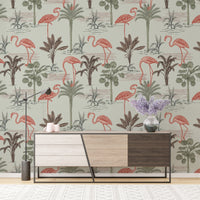 Floral and palm tree wallpaper with pink flamingo designs