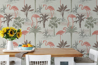 Ink-drawn palm tree and flamingo wallpaper for exotic decor