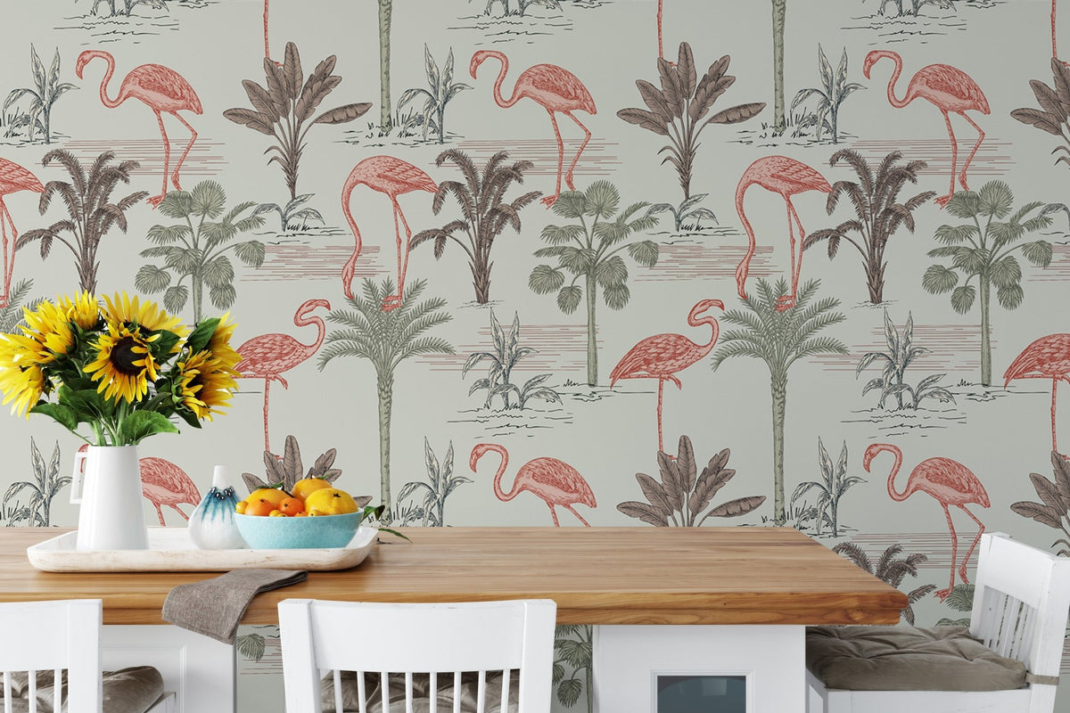 Dining room wall covered in pink flamingo and ink drawn palm tree wallpaper.