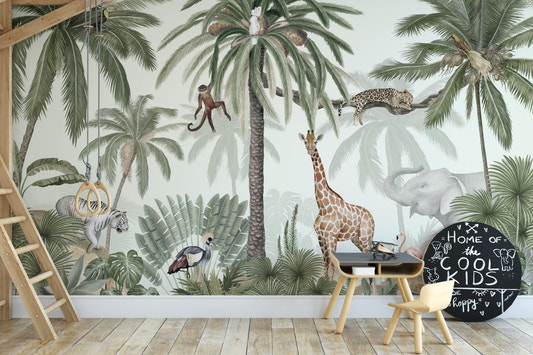 Tropical jive wallpaper murals with giraffe and palm trees.