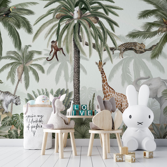 Jungle theme tropical wall mural featuring a white tiger and greenery.