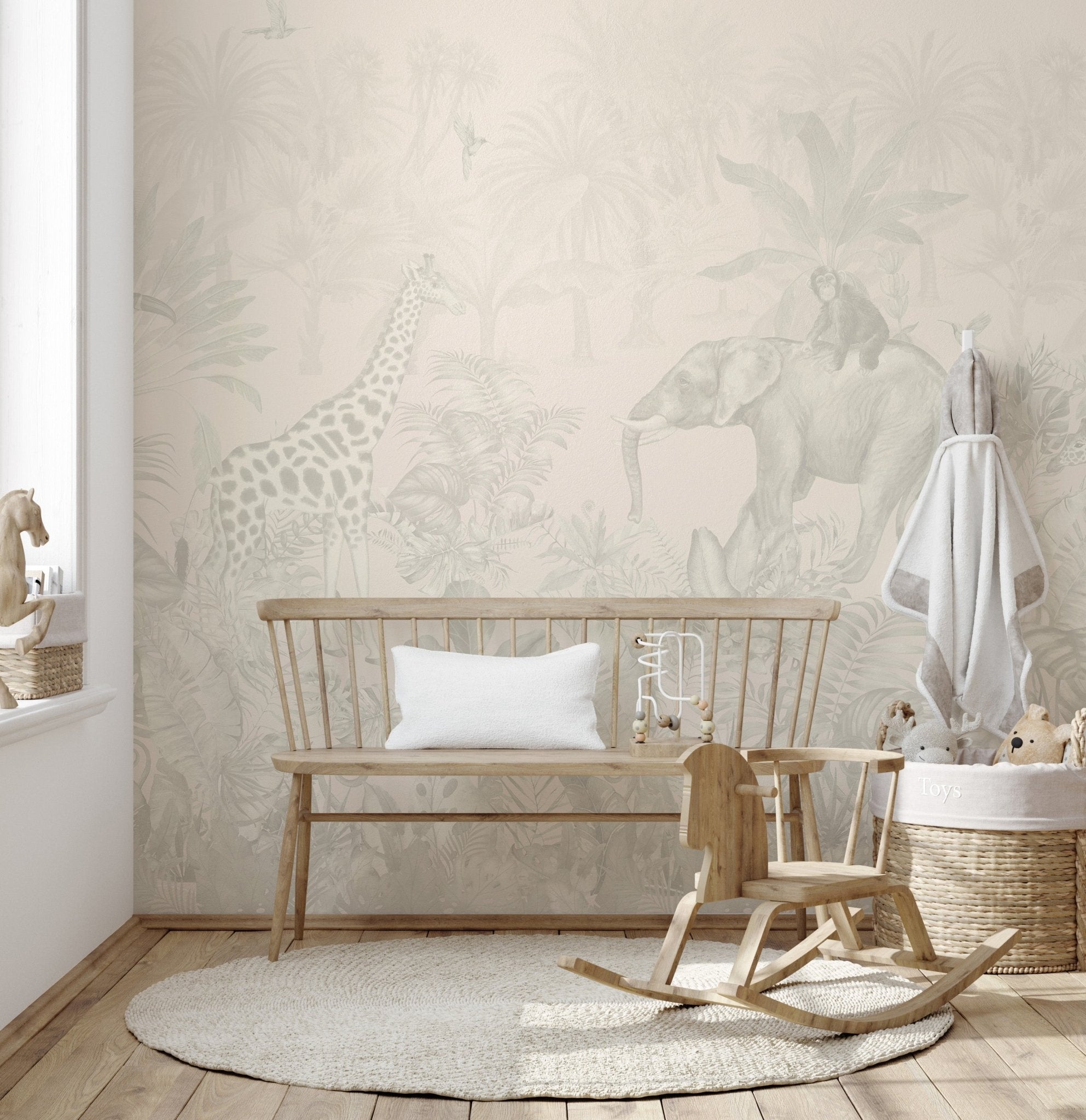 Tropical jungle adventure wall mural featuring a giraffe and elephant wallpaper.