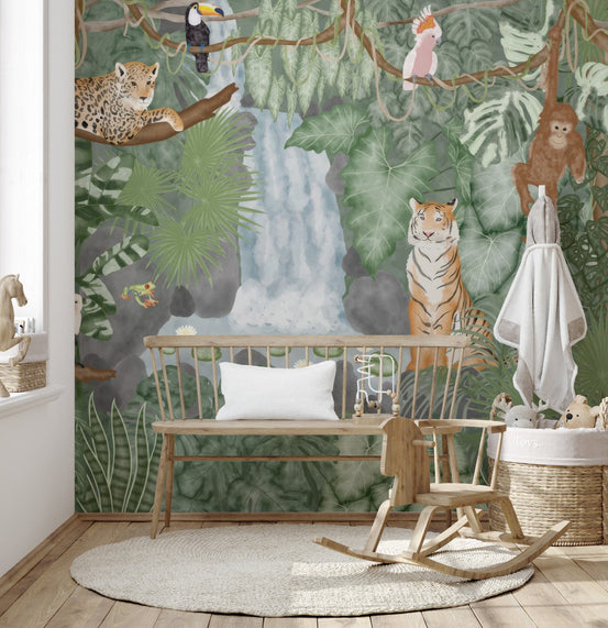 Tropical jungle animals wallpaper with a tiger and waterfall.