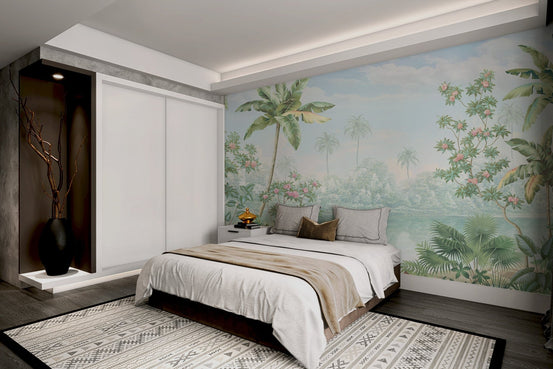 Botanical wall mural with jungle trees and water reflections in soft green tone