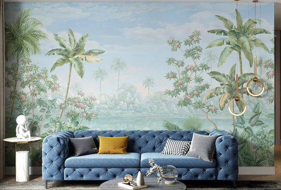 Wall mural showing a distant forest line and clear sky in modern hallway.