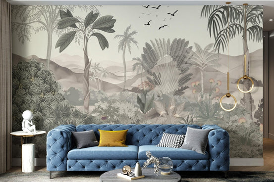 Neutral color Tropical Jungle Mural with Palm Trees for homes.