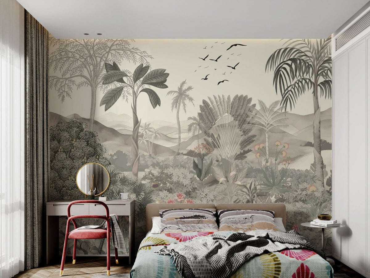 Detailed jungle foliage wall mural with small pink flowers.