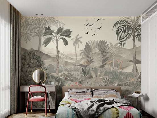 Detailed jungle foliage wall mural with small pink flowers.