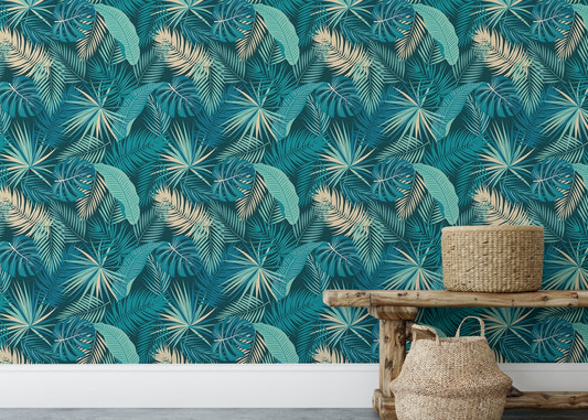 Tropical jungle palm leaves wallpaper on living room feature wall behind wooden bench