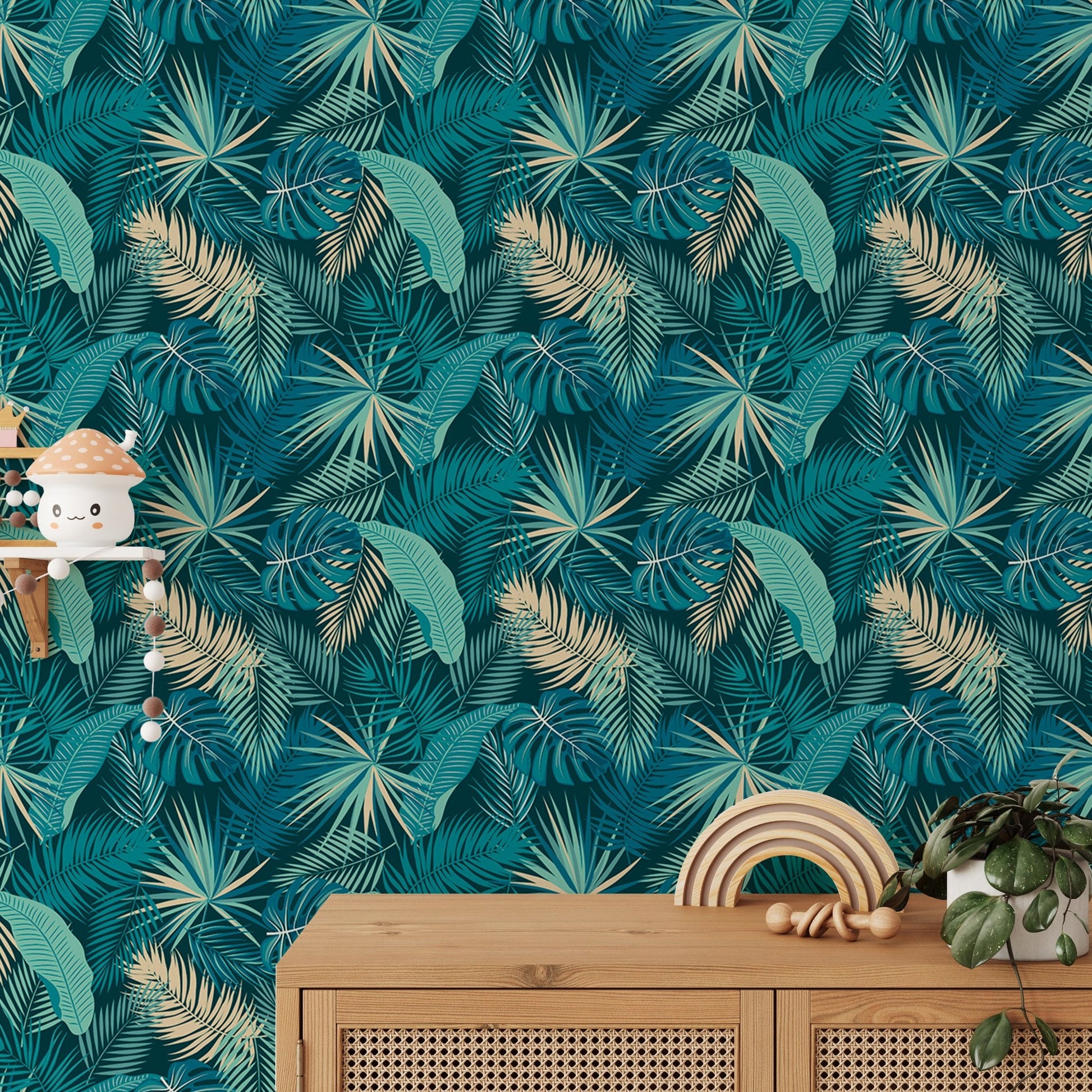 Exotic palm leaves wallpaper in kids area with light wood furniture
