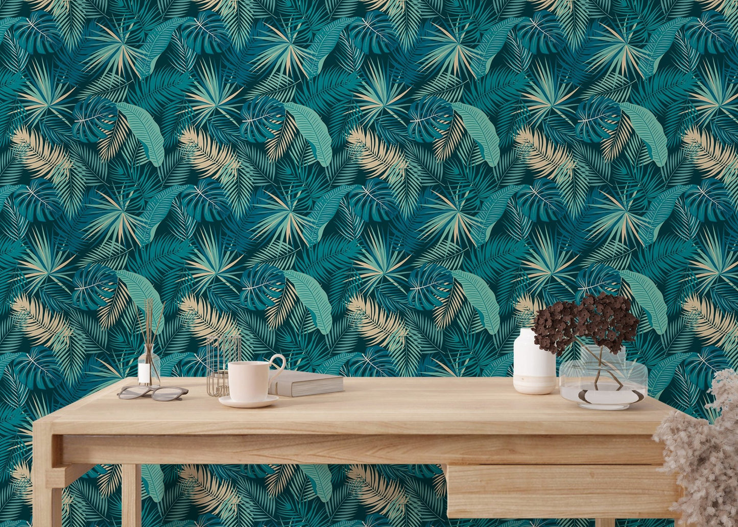 Teal jungle wallpaper in minimalist reading room with wooden table.