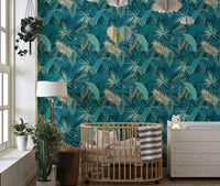 Lush jungle pattern wallpaper in bright nursery room with large windows and plants