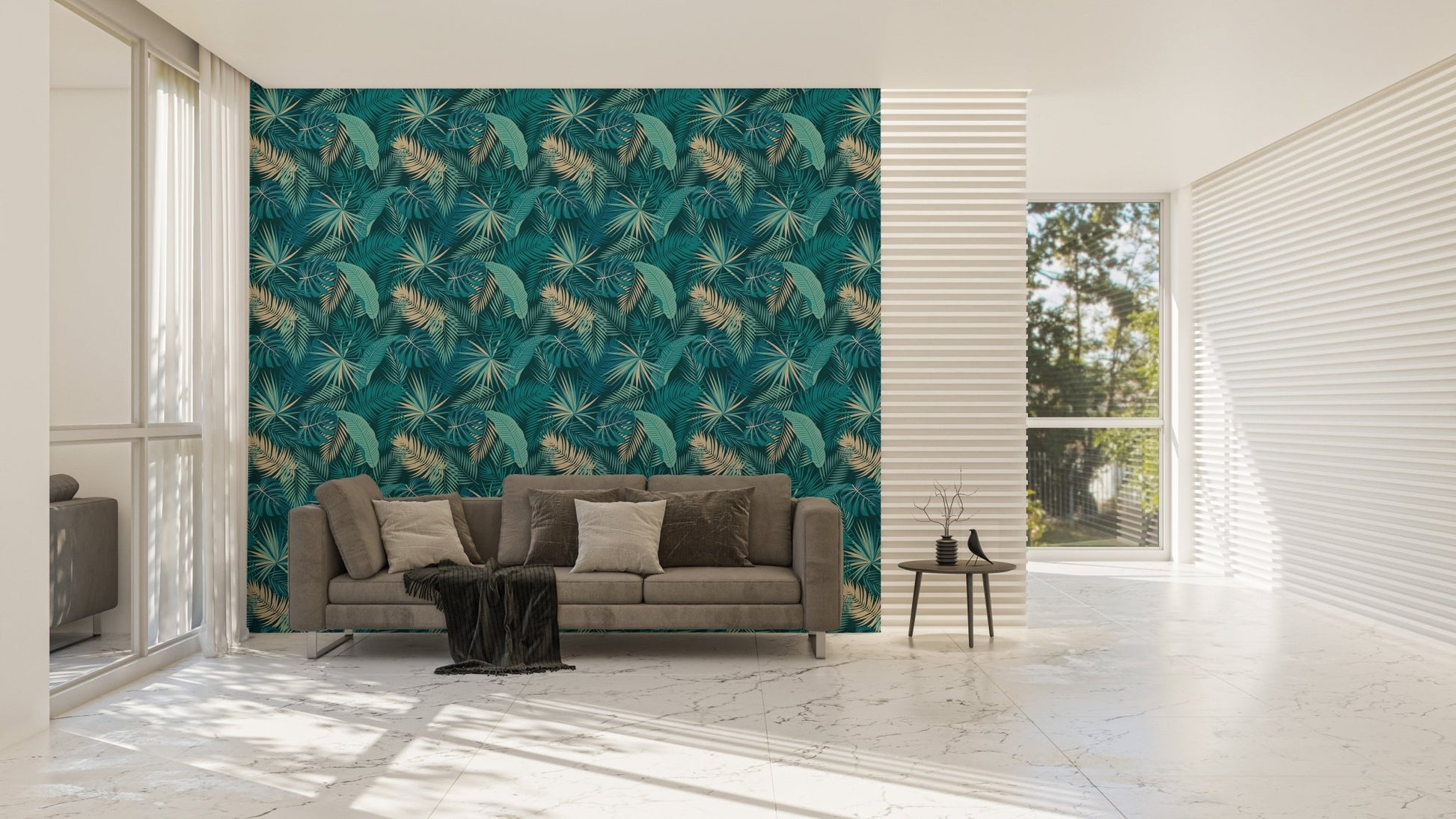 Dark green tropical leaves wallpaper in spacious living room with grey sofa
