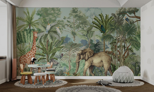 Tropical jungle safari wallpaper with giraffe and palm trees.
