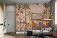 Tropical wallpaper with lush foliage, colorful birds, and animals strolling through the forest.
