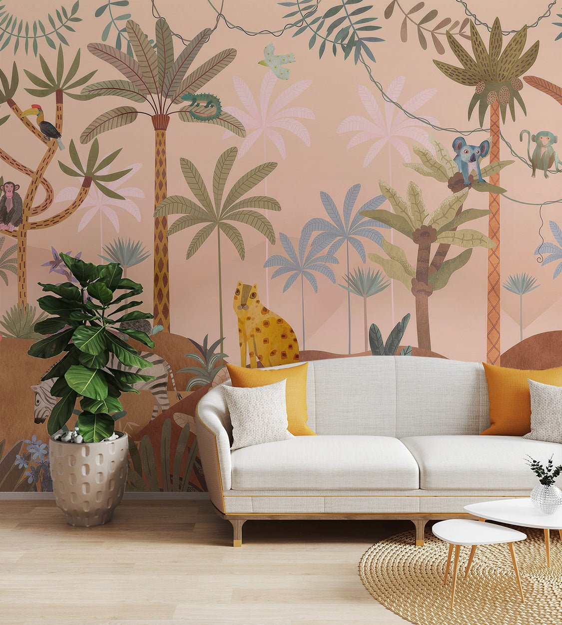 Wallpaper featuring a whimsical forest scene with elephants and reptiles among tropical plants.