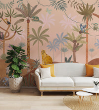 Wallpaper featuring a whimsical forest scene with elephants and reptiles among tropical plants.