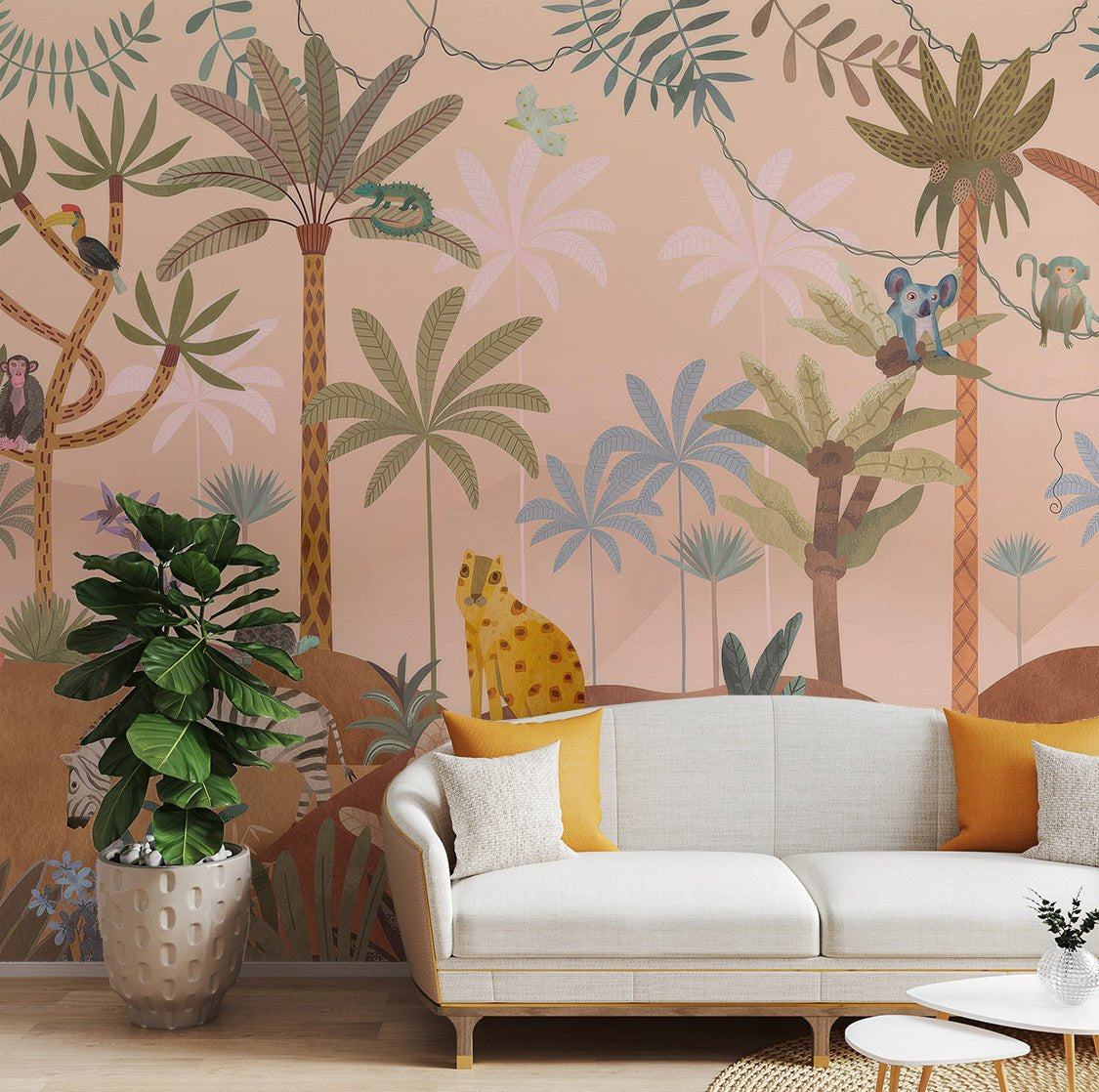 Wall mural featuring a whimsical forest scene with elephants and reptiles.
