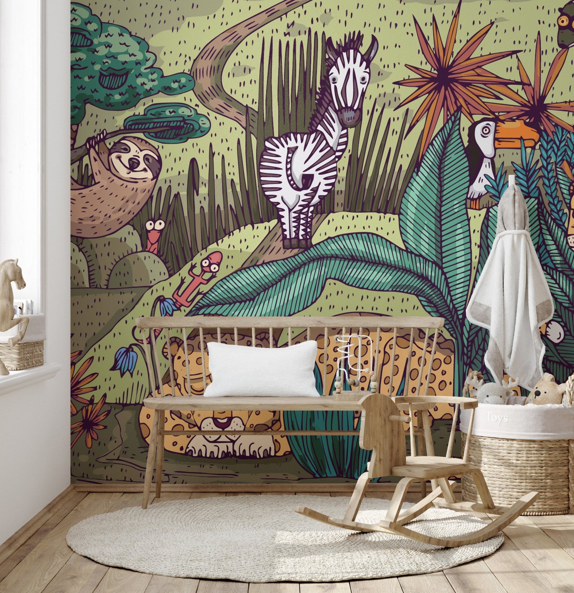Dynamic tropical jungle mural with rich, vibrant details.

