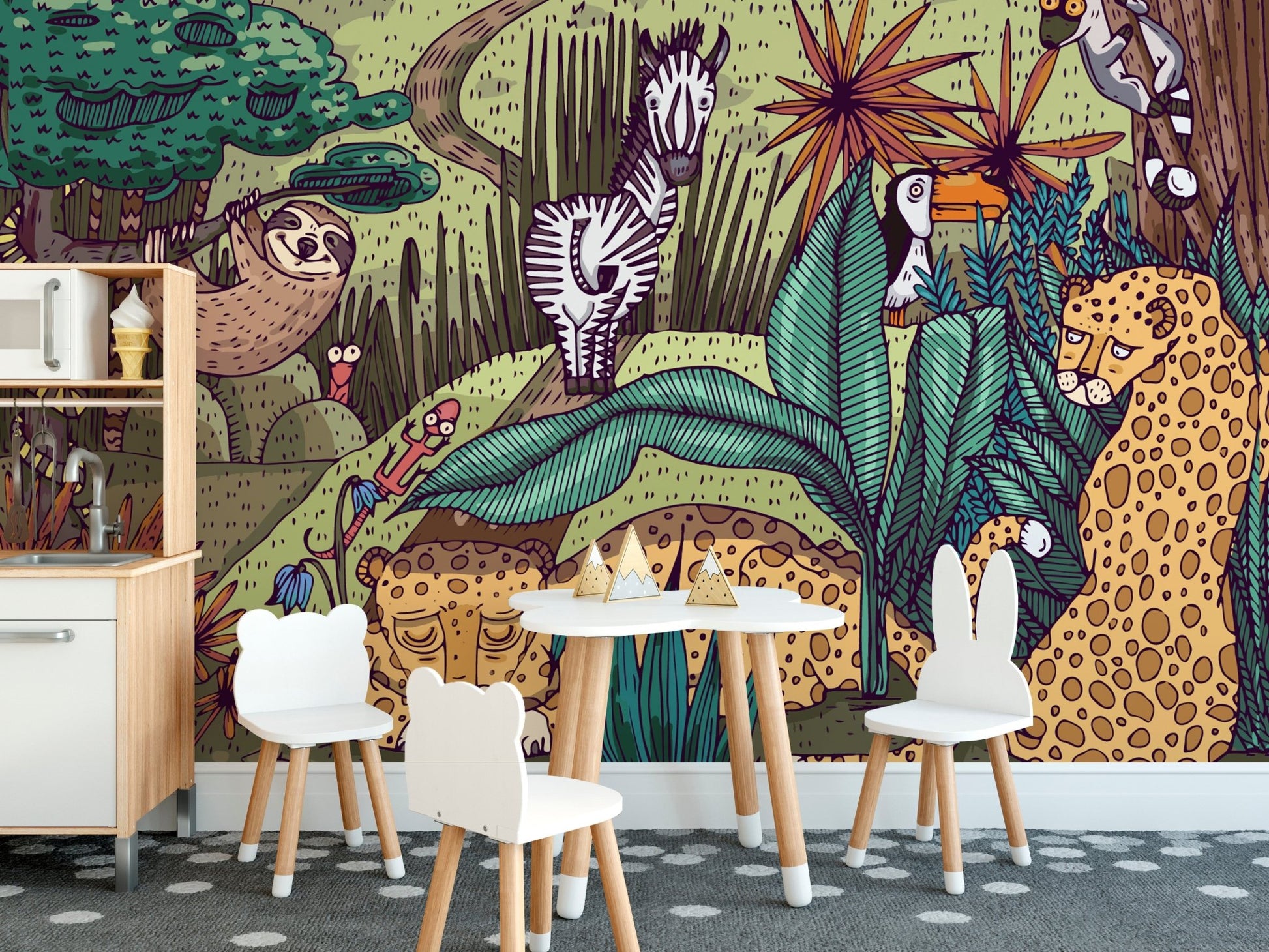 Playful jungle wallpaper with colorful flora and fauna.

