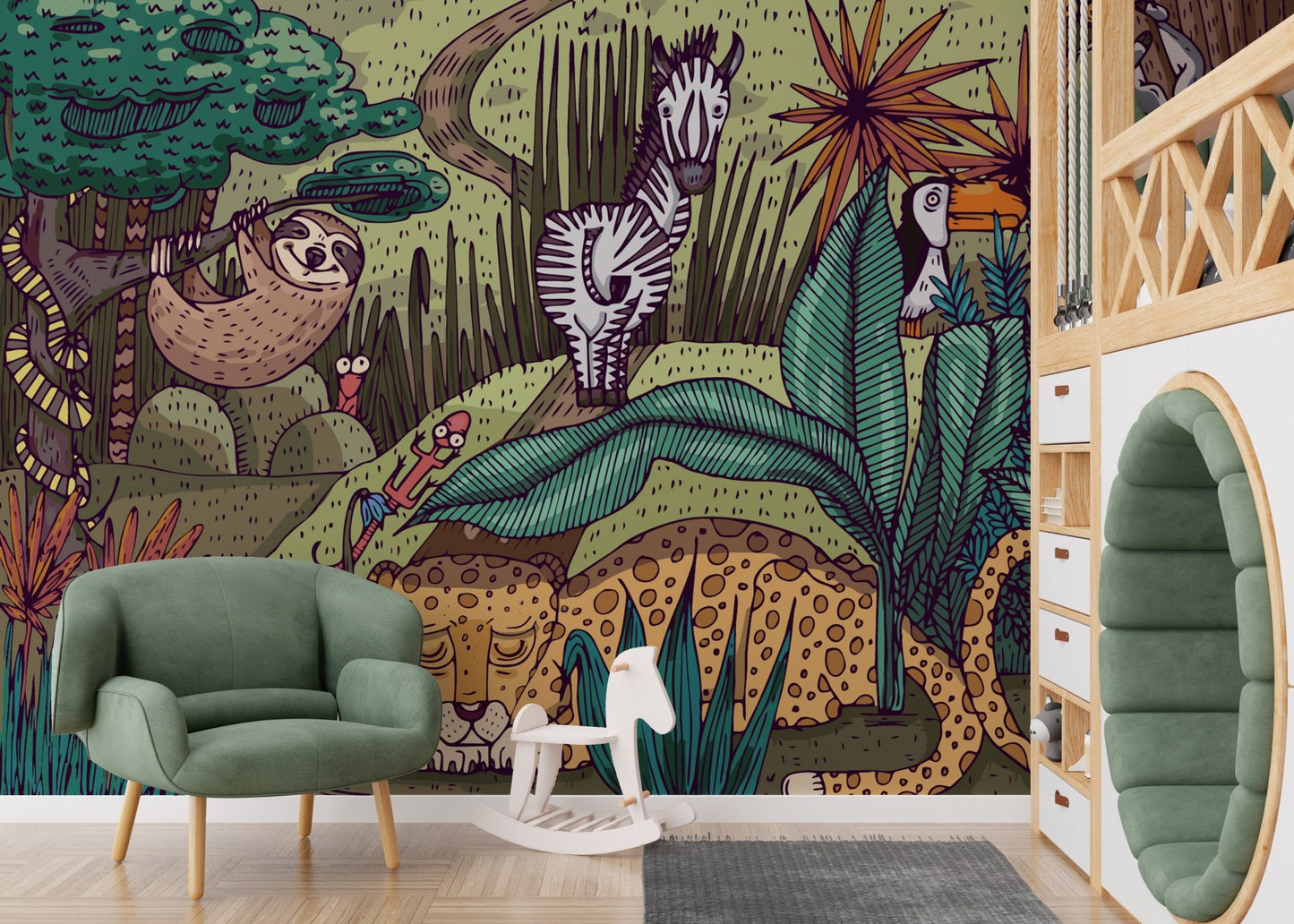 Captivating jungle-themed mural for adventurous wall decor.
