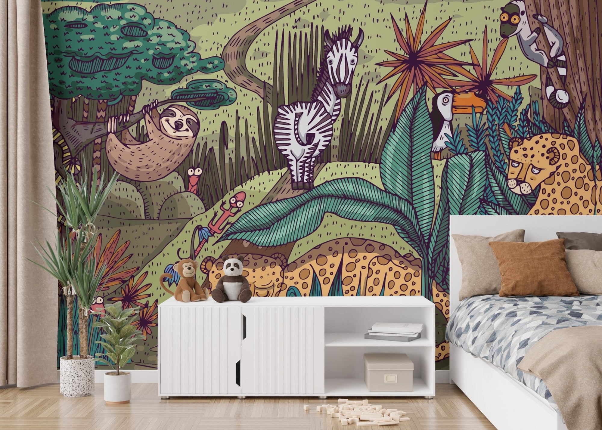 Vibrant tropical jungle mural with exotic wildlife and foliage in kids bedroom.
