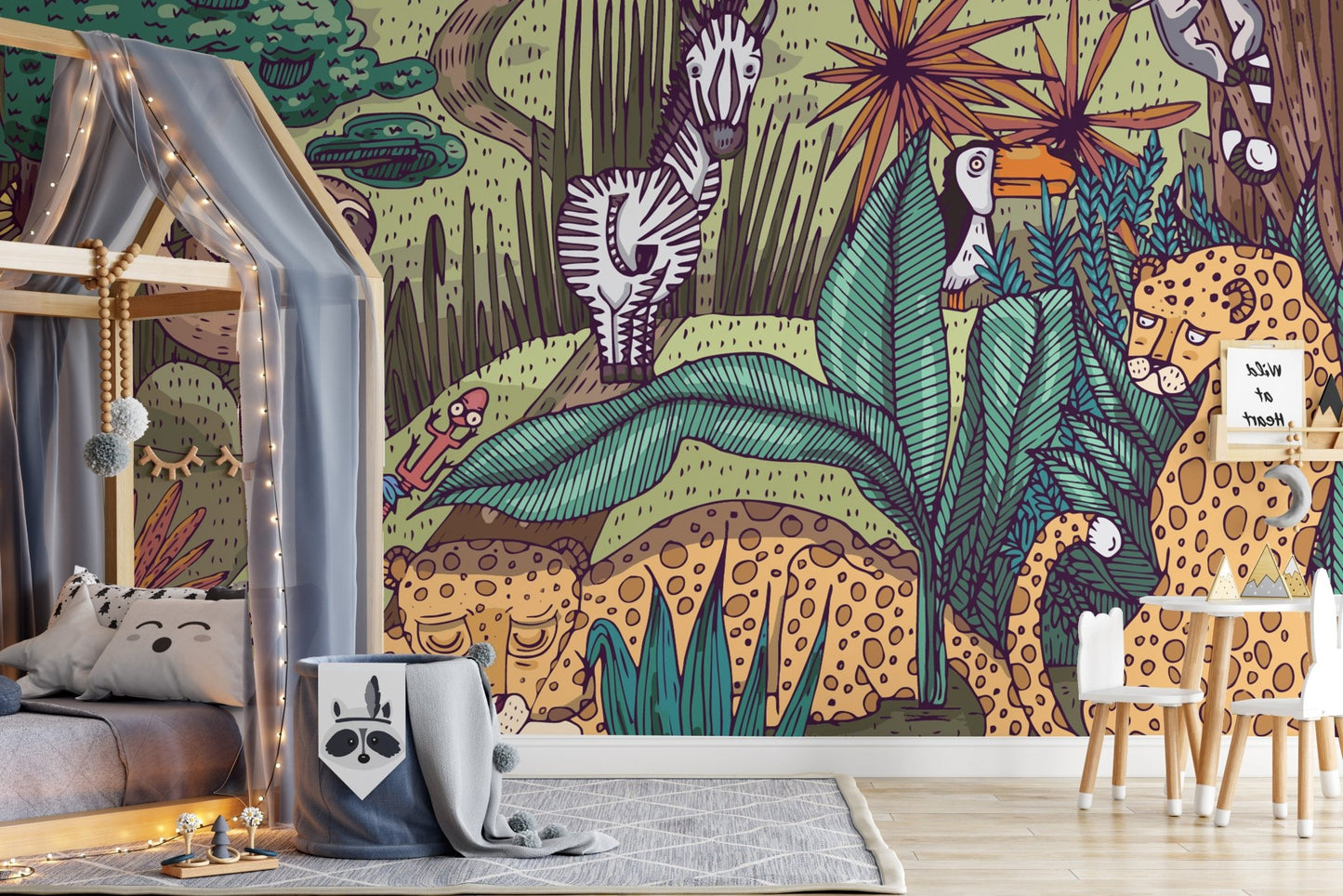 Tropical jungle wallpaper showcasing exotic animals and plants.
