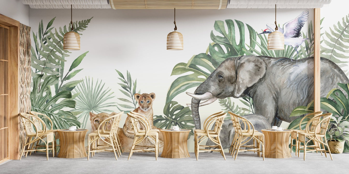 Dining room decor with jungle animal wall mural and wooden chairs.