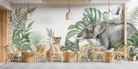 Dining room decor with jungle animal wall mural and wooden chairs.