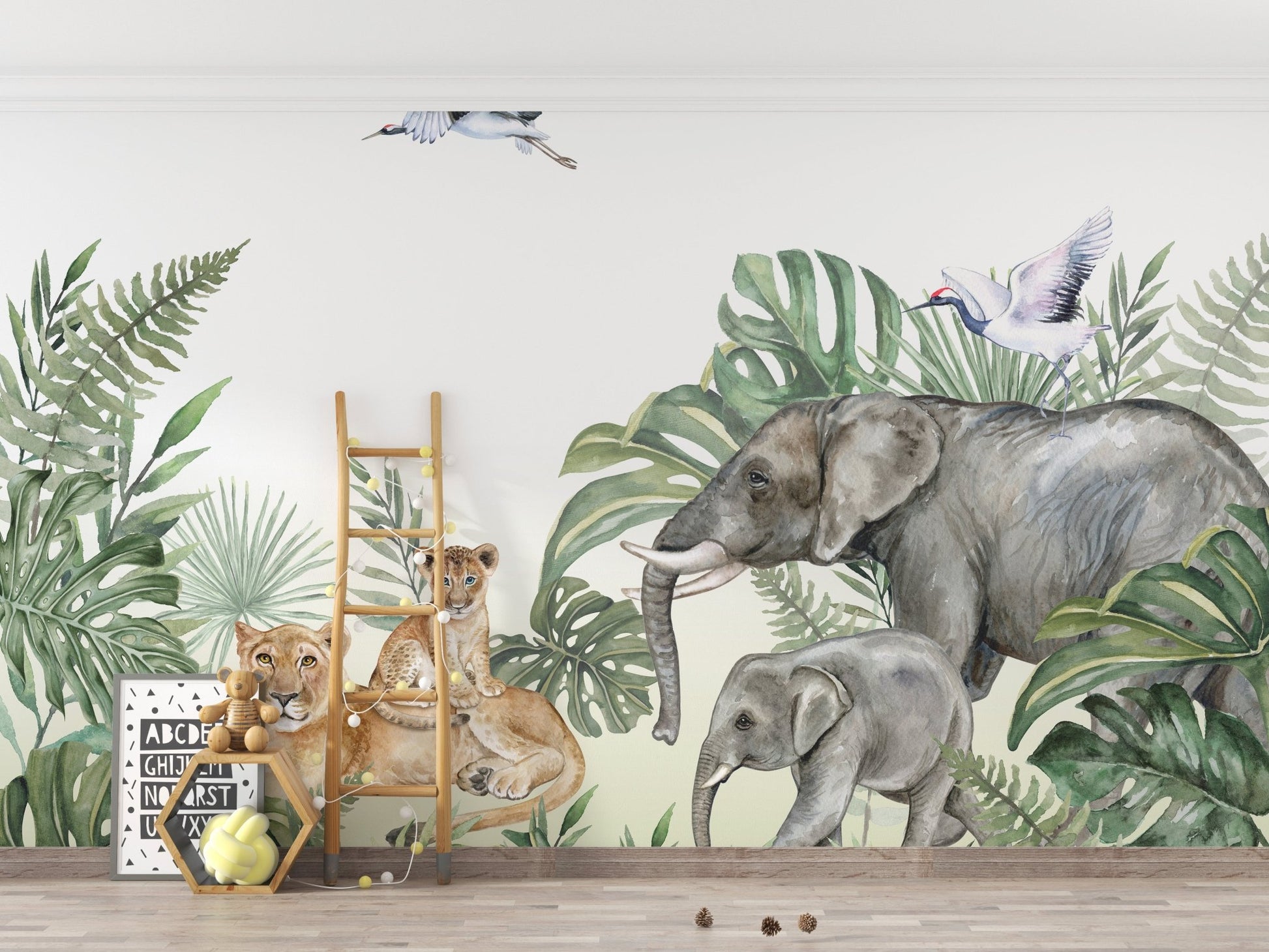 Grey and green tropical wall mural in a minimalist kids room with a wooden ladder.