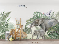 Grey and green tropical wall mural in a minimalist kids room with a wooden ladder.