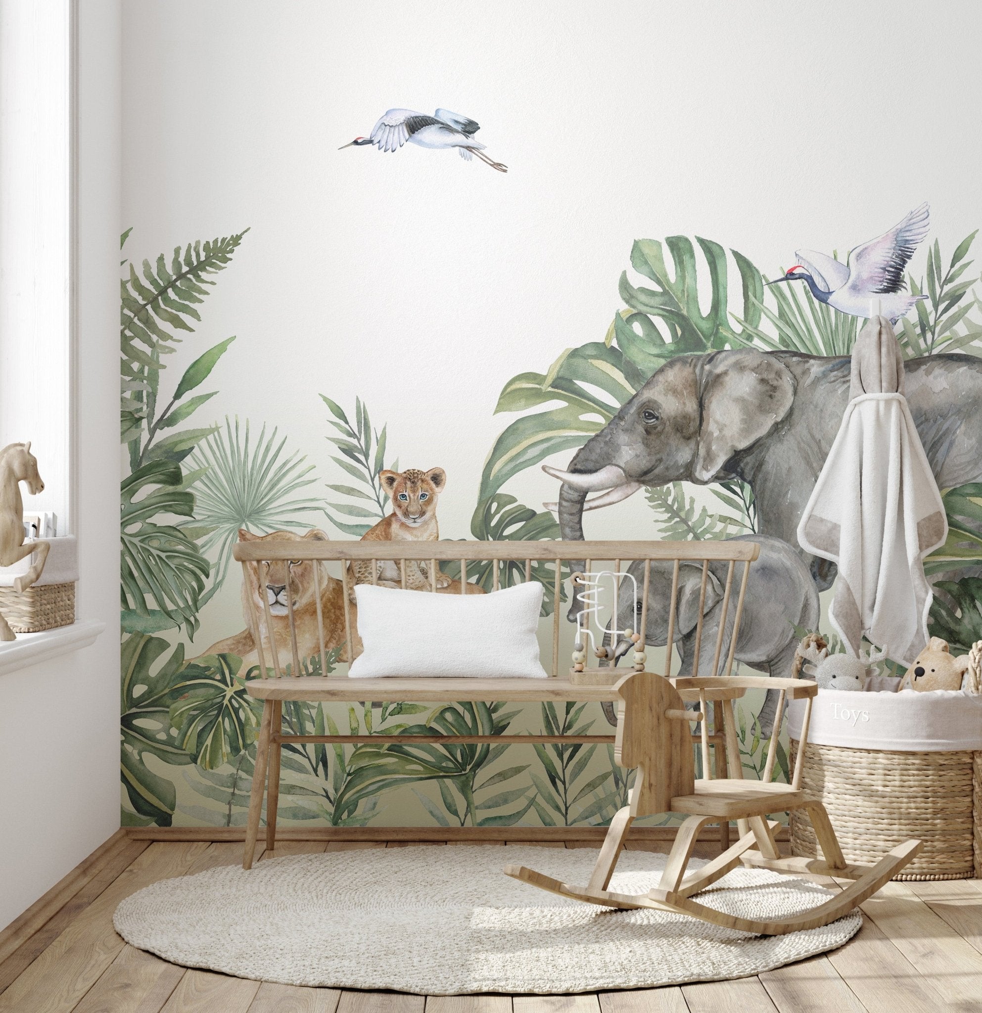 Tropical Jungle Tiger and Elephant Wall mural in a nursery with a wooden bench.