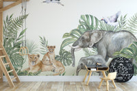 Jungle animal wall mural in a playroom with a swing and wooden stool.
