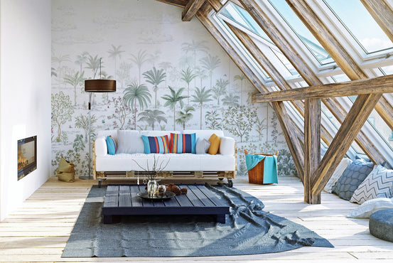 Tropical jungle wallpaper mural with hand drawn palm trees on white.