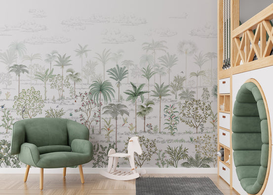 Light and airy tropical wallpaper with detailed tree silhouettes.