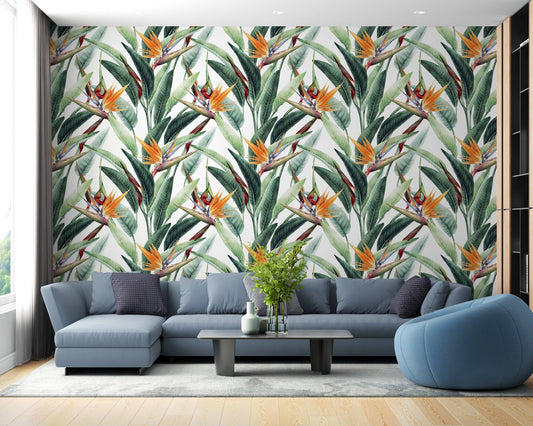 Tropical jungle watercolor foliage wallpaper in a modern living room