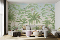 Exotic jungle animals and botanical plants wall mural for bright living room.
