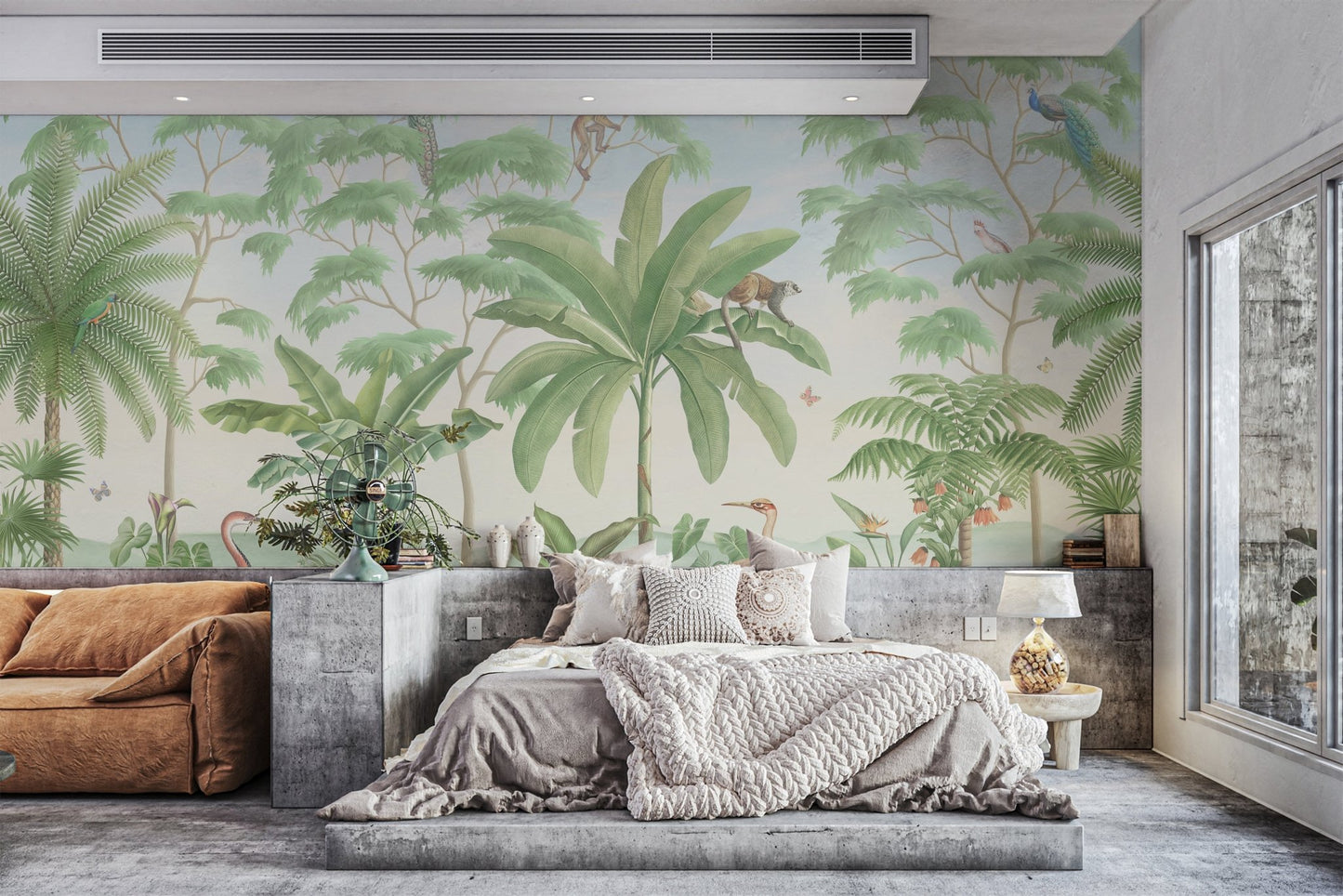 Pastel green and blue jungle wildlife mural for feature walls
