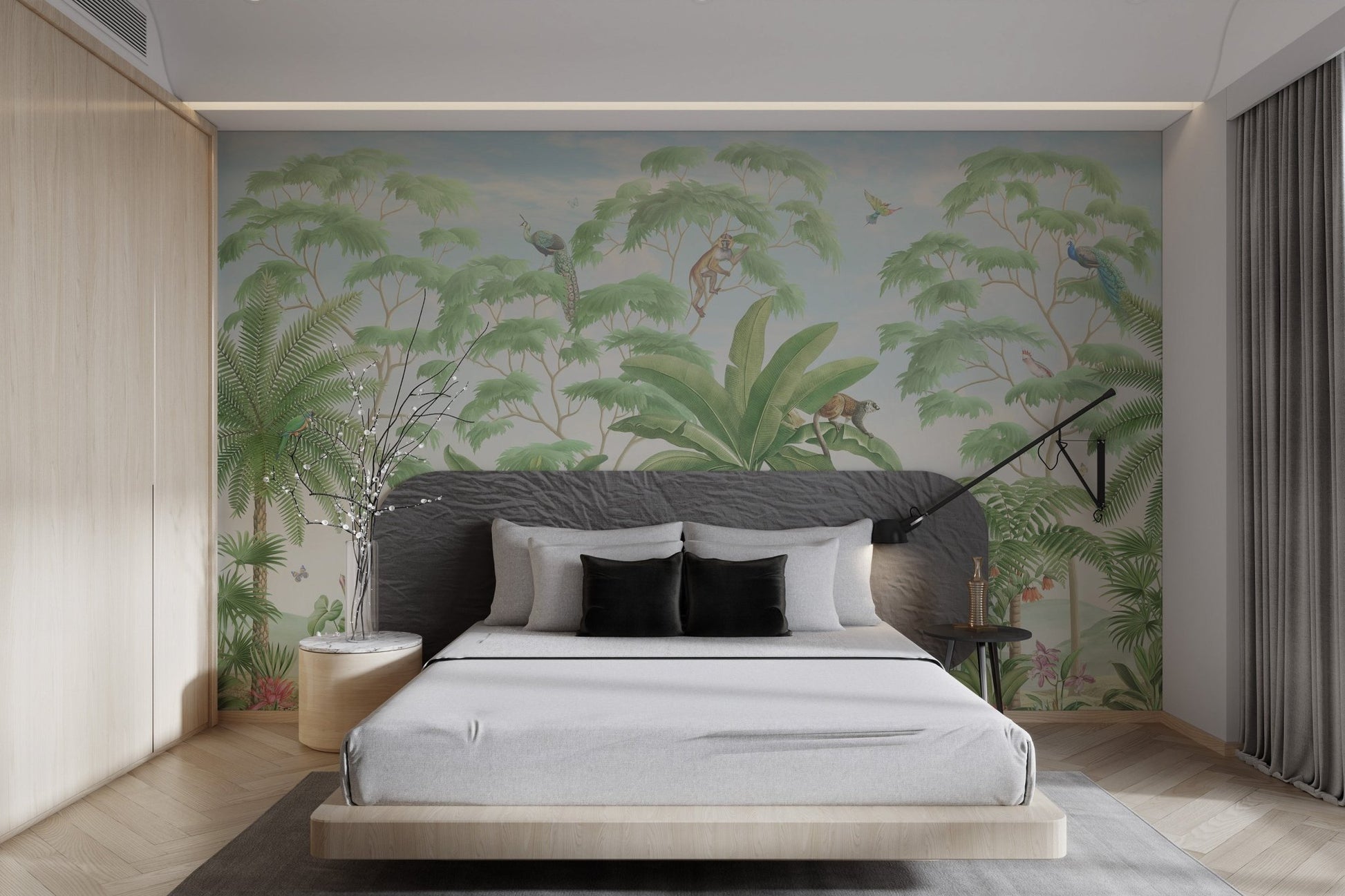 Vintage style jungle scenery wall mural with pink floral accents in bedroom.
