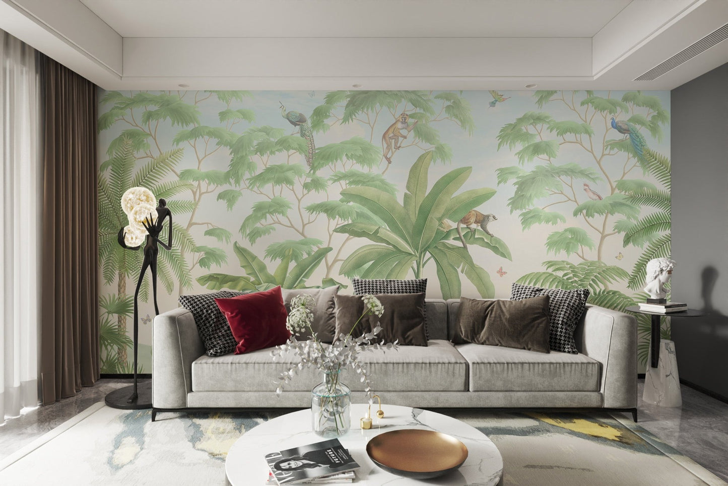 Tropical green banana leaves and palm trees wall mural.