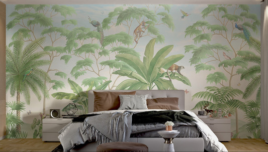 Large scale tropical forest wall mural with various birds for master bedroom.