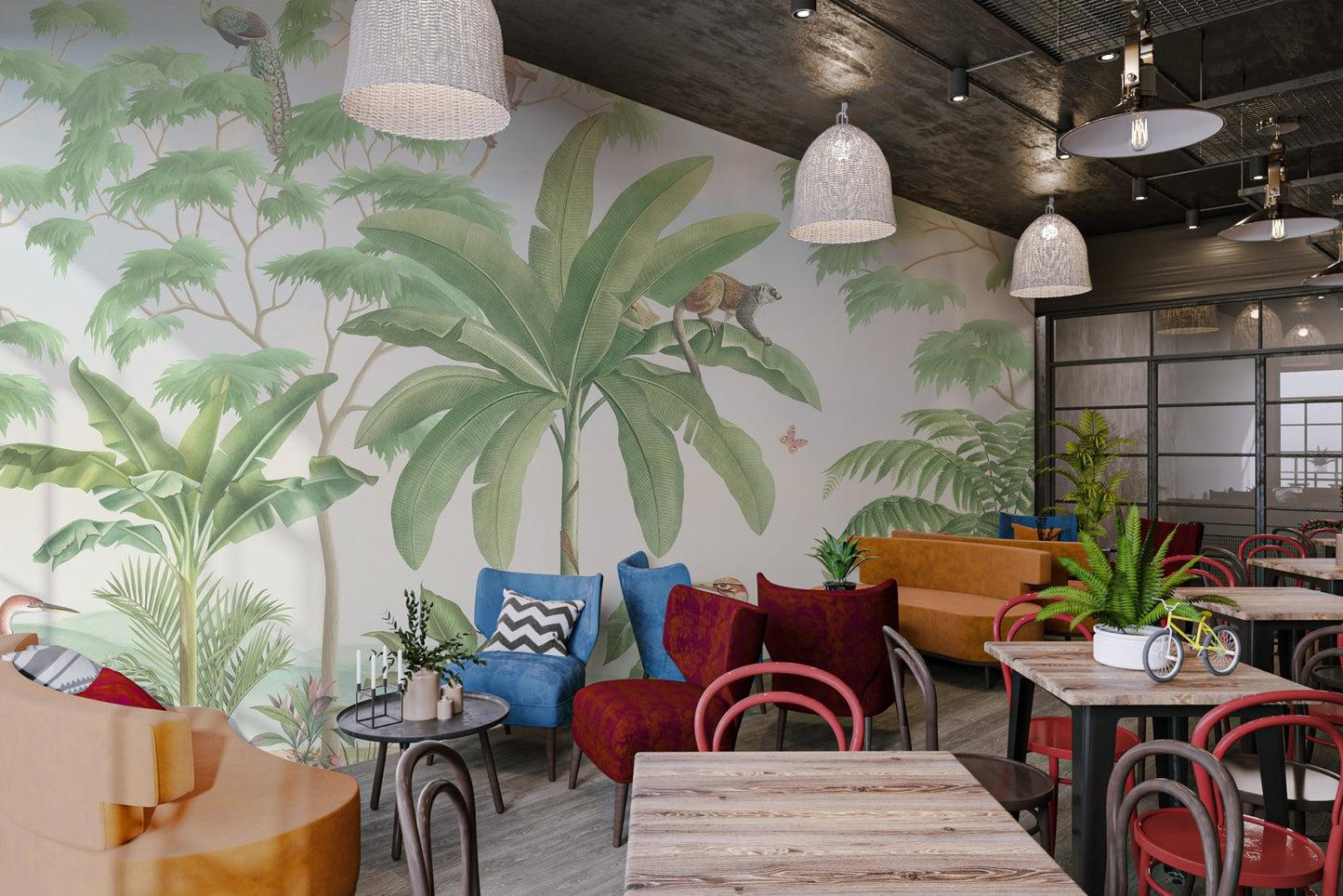 Flying parrot and butterflies in a blue sky wall mural for cafe area.