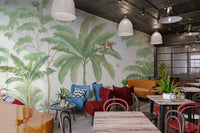 Flying parrot and butterflies in a blue sky wall mural for cafe area.