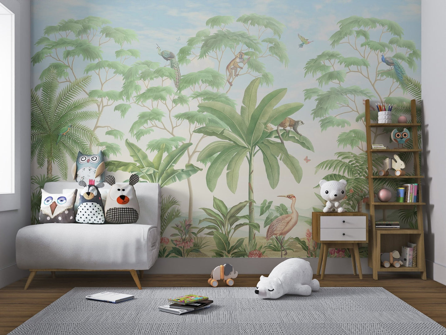 Pink heron bird standing among jungle flowers wall mural for kids area.